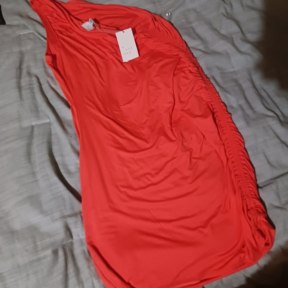 A New Day Women's Ruched Sleeveless Knit Bodycon Mini Dress Size L  RedOrange